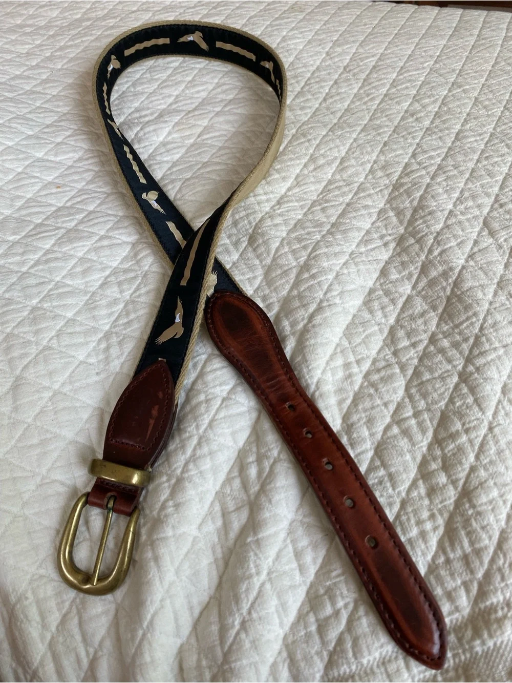 YRI Eagle Ribbon Belt Black Tan Strap Leather Brass Buckle Preppy Old Money 38